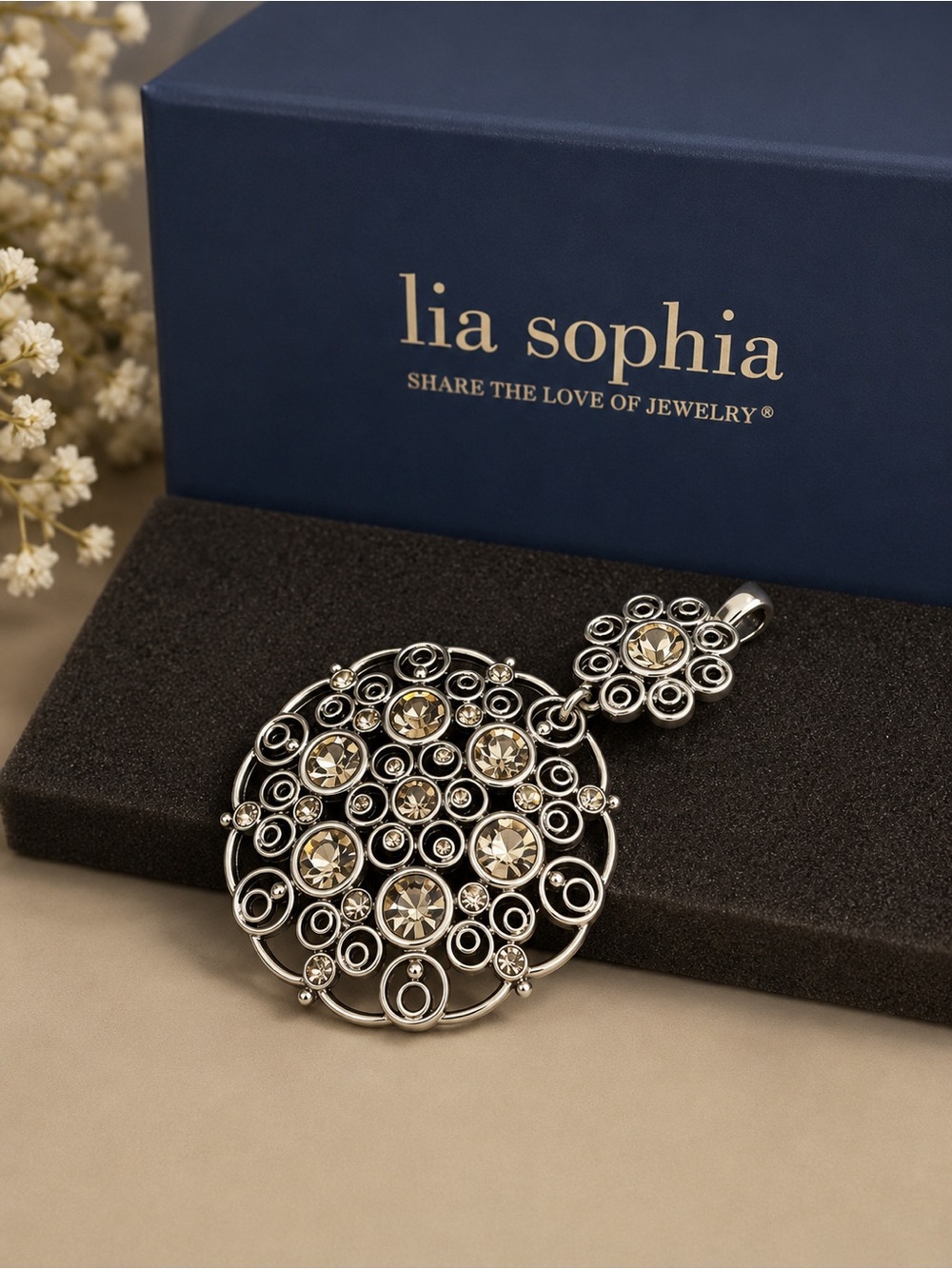 Lia Sophia Silver-Tone Crystal Circle Filigree Pendant